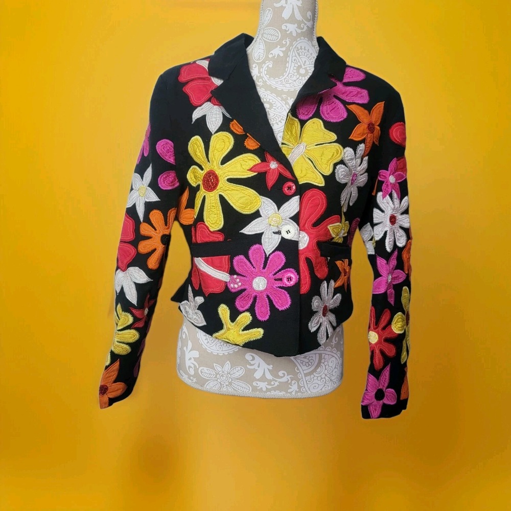 ANAGE Women's Jacket Size S Black with Embellished Flowers Pink, Orange, Red
